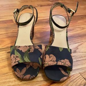 Zara fabric floral block heeled sandals pink blue